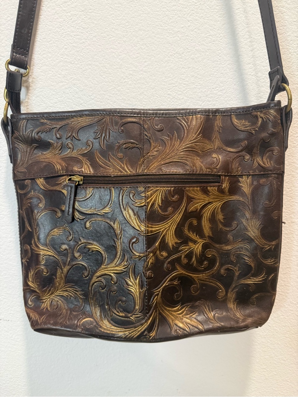 Tignanello Tooled Leather Crossbody Bag Brown Embossed Floral Purse